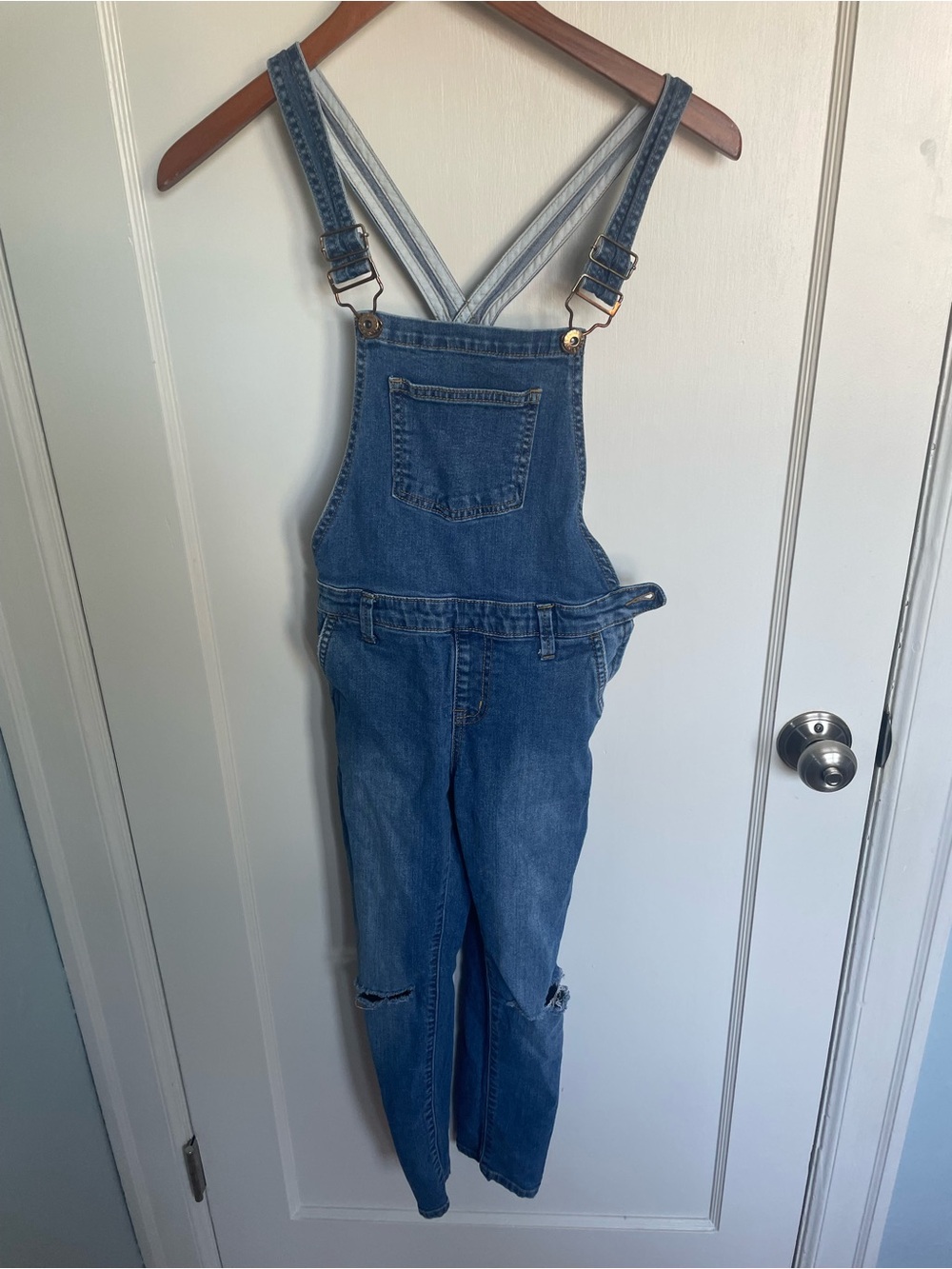 Forever 21 Girls Denim Overall Jumpsuit | Distressed Knee | Size 7/8